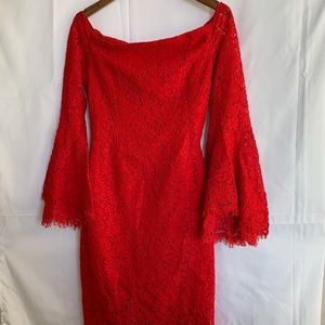 Bardot Red Lace Cocktail Dress with Bell Sleeves